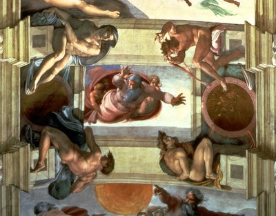 Sistine Chapel Ceiling: God Separating the Land from the Sea, with Four Ignudi, 1510 (post restoration) by Michelangelo Buonarroti